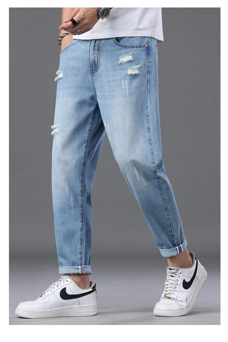 2026 Spring Summer Men's Ripped Jeans Cotton Trendy Straight Casual Denim Pants Trousers Outdoor Pastoral Outing