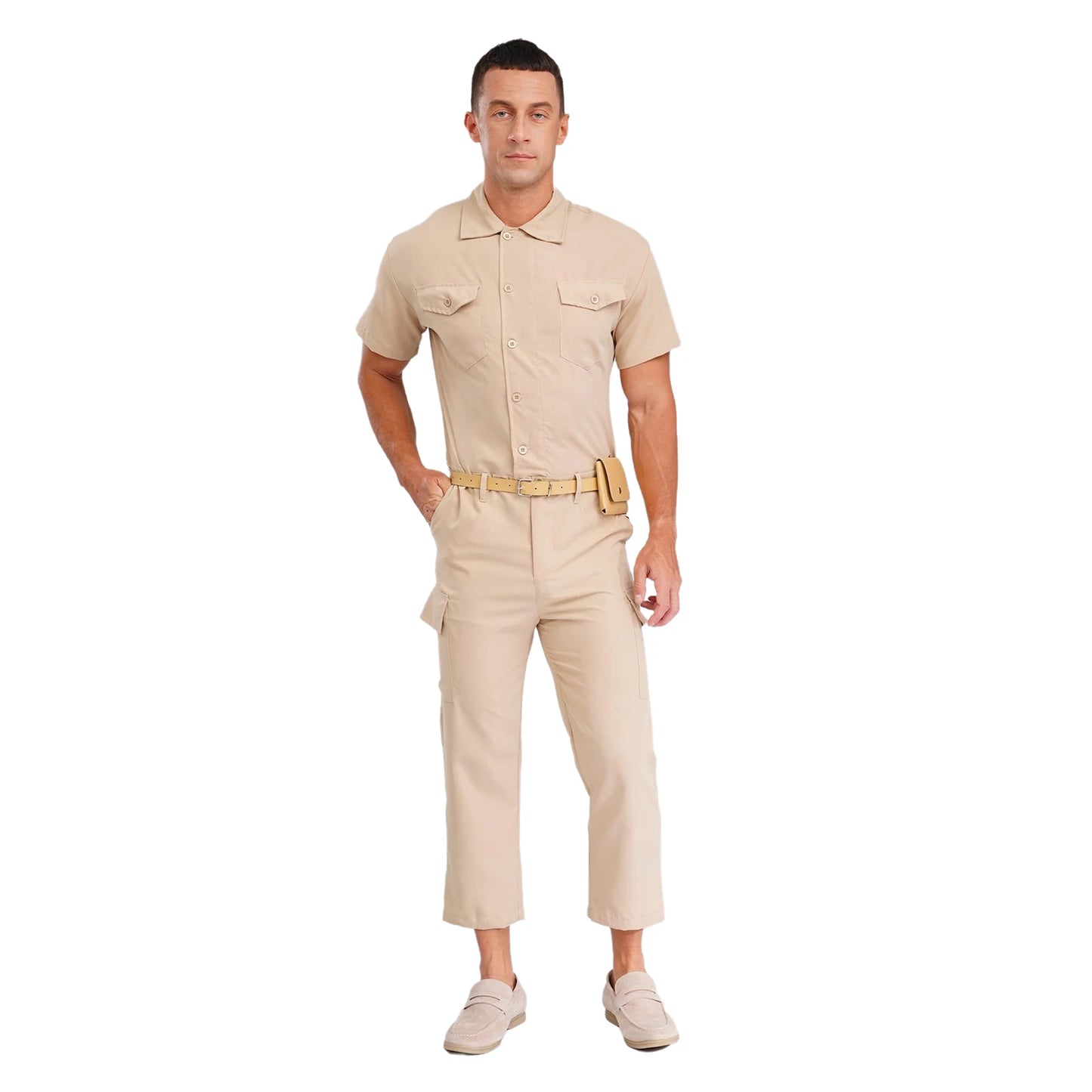 Mens Overalls Work Cargo Jumpsuit with Purse And Belt Workshop Uniform Multi-pocket Shorts Bottom Coveralls Rompers Work Wear