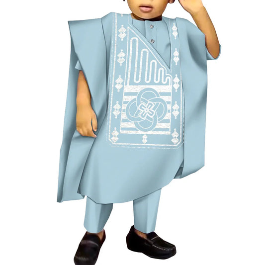 African Boy Embroidered Robe Set Children's Dress Gown Shirt and Trousers Three-piece Boys Traditional Clothing Party Wedding