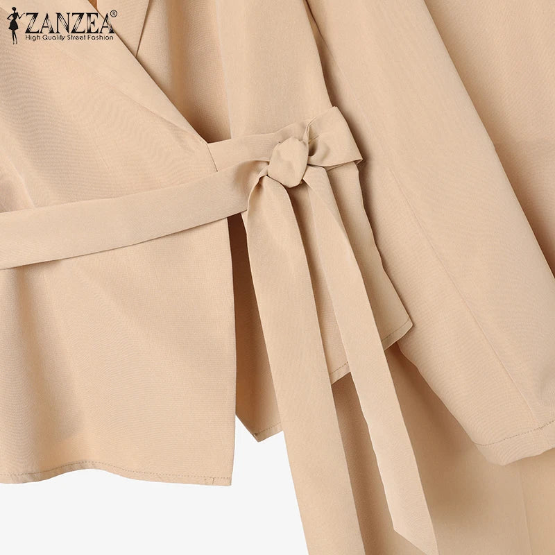 ZANZEA Elegant 2 Pieces Pant Sets Long Sleeve Belted Lightweight Blazer & Wide Leg Pant 2pcs Suits Office Lady Commuting Sets BAZAARHUBO
