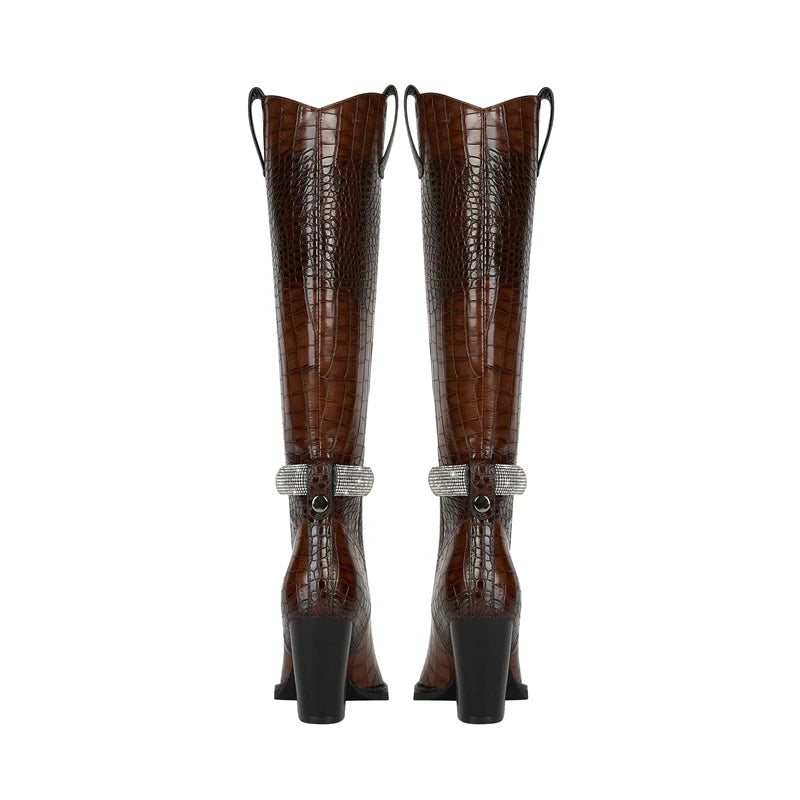 Kaky's New Water Diamond Pointed Thick High Heels Oversized Women's Boots Long Boots High Barrel Boots Western Boots 44 45 46