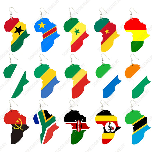 SOMESOOR Afro Countries National Flags Print Africa Map Wooden Drop Earrings Pendant For Women African Mainland Dangle Jewelry