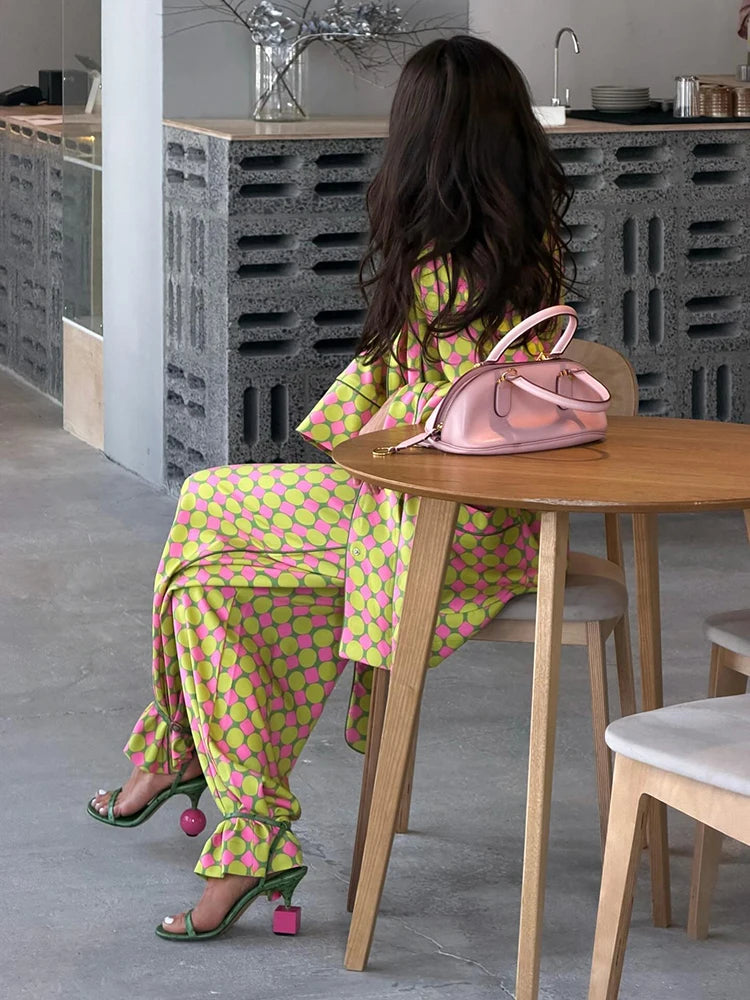 Casual Plaid Women's Blazer Pant Suits Scarf Collar Long Sleeve Button Shirt Pleated Wide Leg Trousers 2026 Summer Female Set