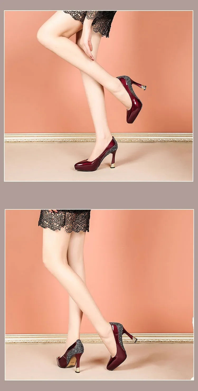 2025 Spring New Pointed Shallow Patent Leather High Heels Fashion Elegant Shoes for Women Thin Heel Platform Work Pumps Zapatos