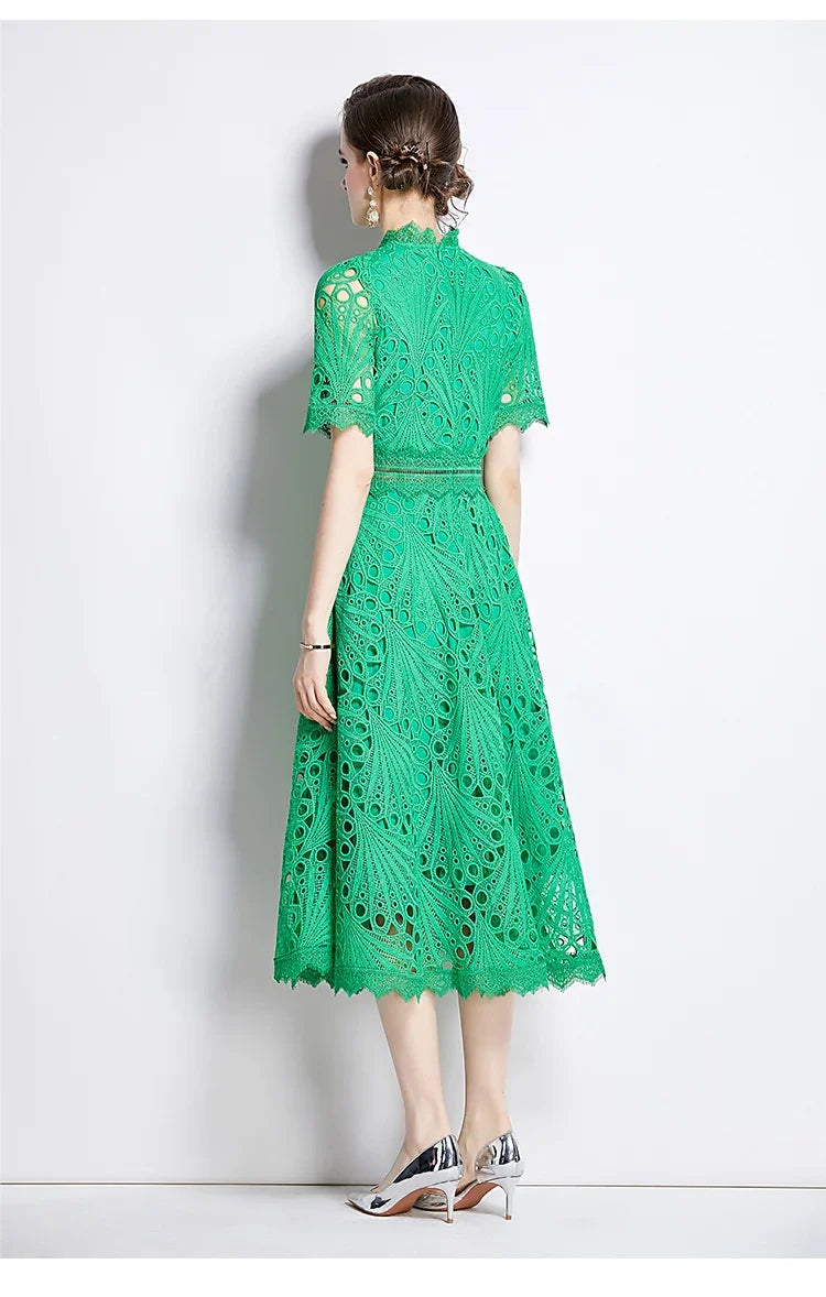 SMTHMA Vintage High-End O-Neck Short Sleeve Lace Hollow Out Dress For Women's Summer Slim Elegant Long Dress Female Clothing