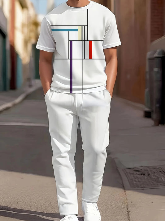 A new white casual men's set for summer 2025 featuring a cool and breathable street T-shirt and long pants
