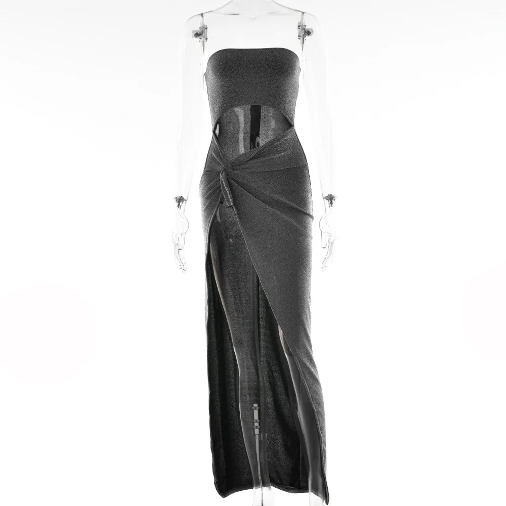 Cryptographic Summer Sexy Strapless Cut Out Slit Maxi Dress Elegant Outfits for Women Sleeveless Glitter Twist Dresses Vestido