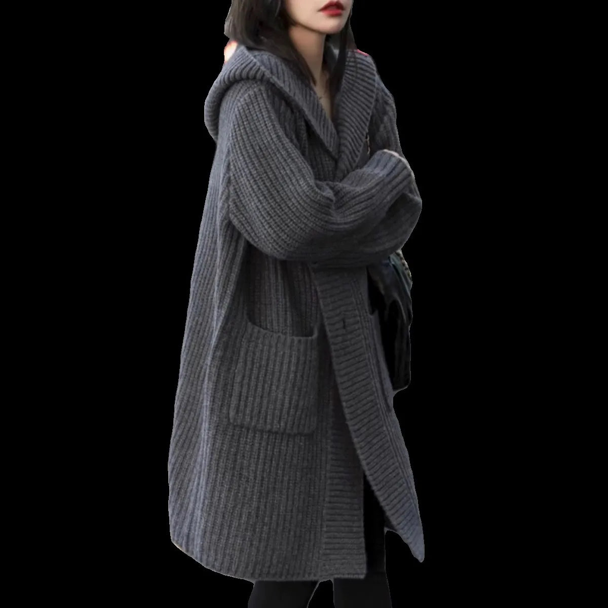 European hooded cardigan women's mid-length 100% cashmere sweater autumn and winter loose high-end lazy wind sweater coat