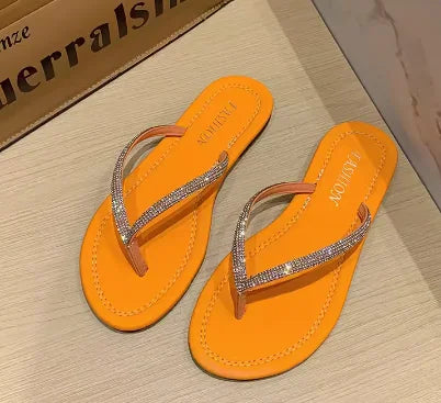 Lady New Luxury Crystal Thongs Shoes Flats Summer Flip Flops For Girls Outdoor Simple Leisure Slippers In Gold Silver 35-43 25cm
