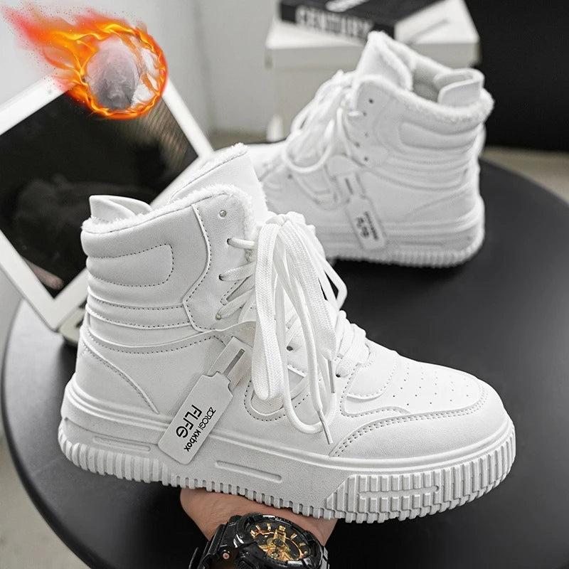 Plush Men's Shoes High Top Couple Sneakers Leather Womens Platform Shoes Comfortable Outdoor Men Running Shoes Breathable New