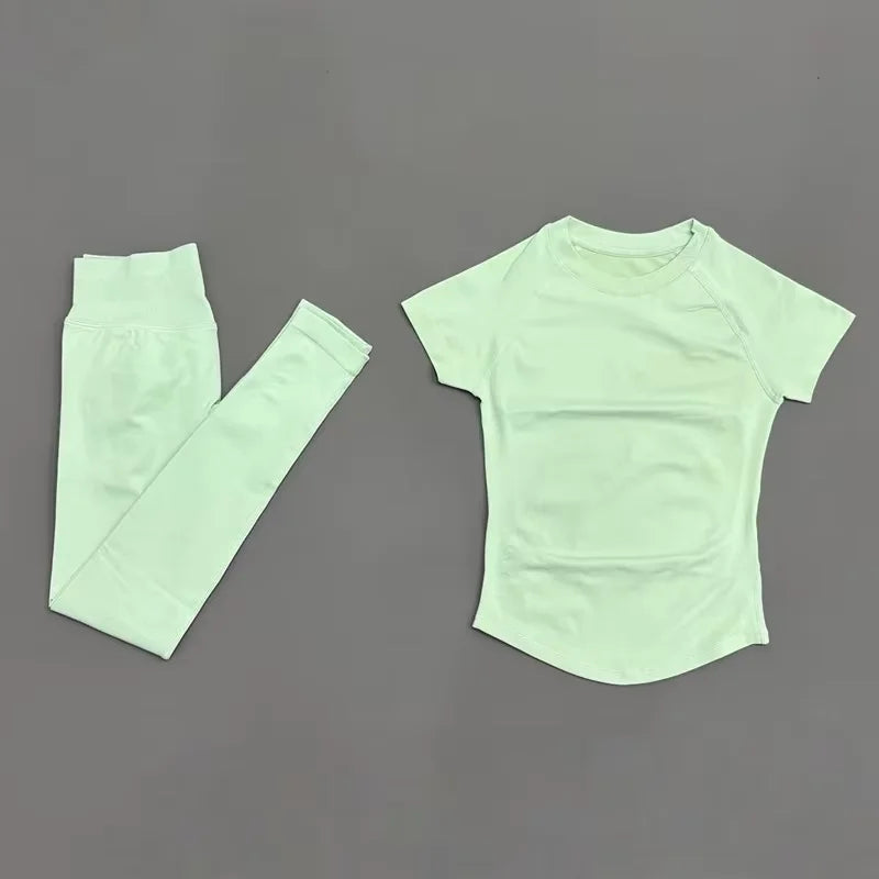 2 Pieces HISTELLO Yoga Set Women Short Sleeve Crop Top Low Waist Butt Lifter Leggings Seamless Breathable Stretch Fitness Sets