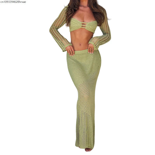 Sexy Party Knitted Two Piece Set Short Crop Top And Skirts Slim Bodycon 2 Pieces Sets Women 2025 Spring Summer Outfits