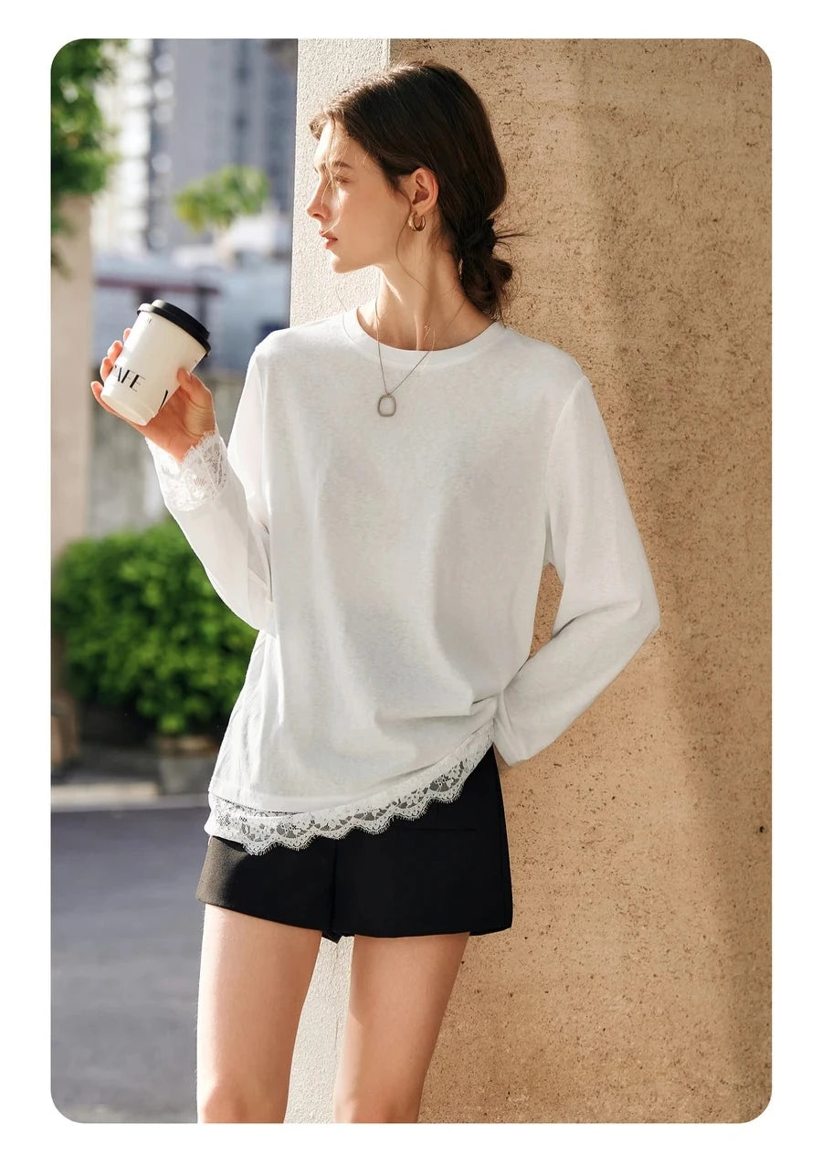 OLrain Cotton White T-shirt Women 2026 Autumn Casual Loose Tee Shirt Crewneck Lace Long Sleeve Tops Woman Clothing N57CT95669