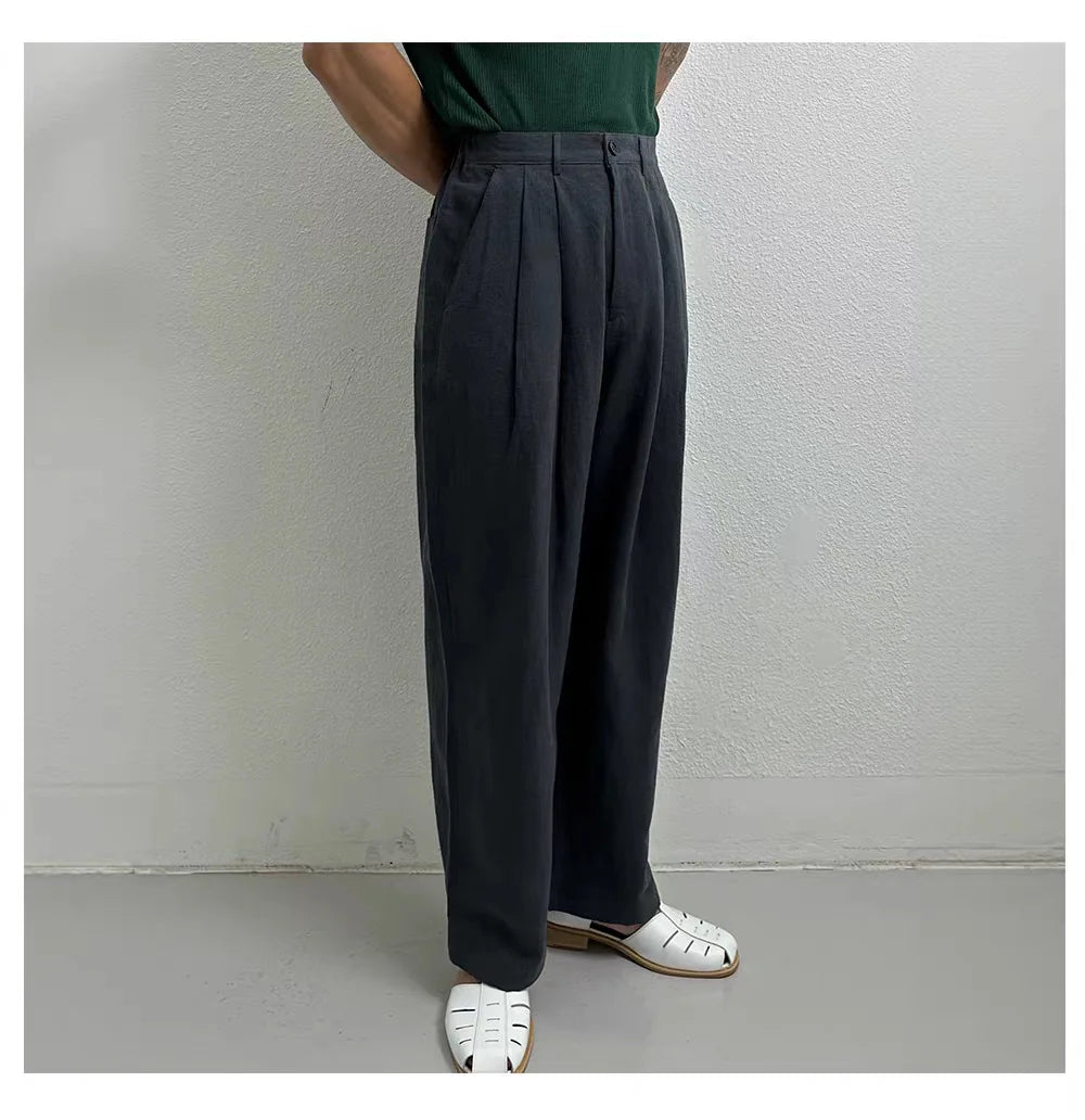 New Men's Cotton Linen Workwear Trousers Draped Wide Leg Pants Light Luxury Leisure Solid Straight Trousers Premium Sweatpants