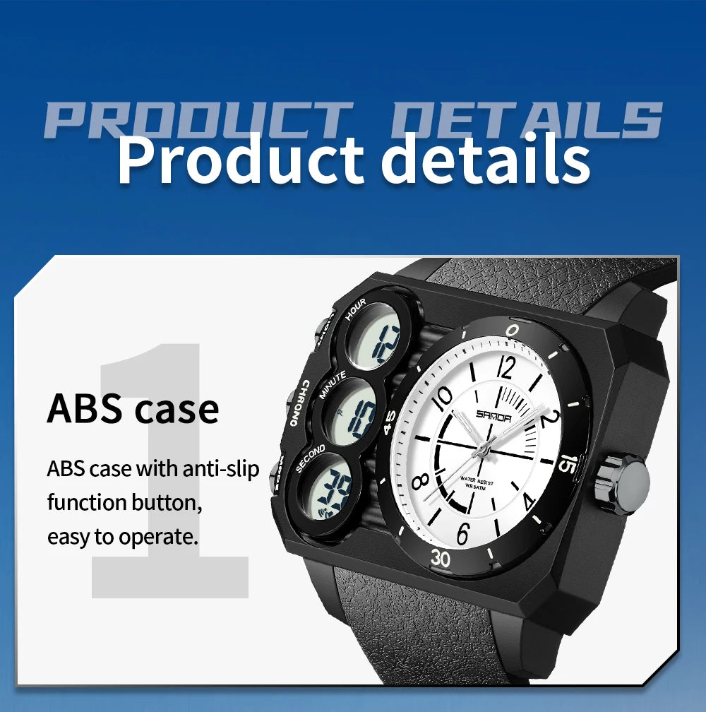 SANDA Men Watch Square Big Dial Waterproof Double Display Wristwatch Man Chronograph Digital Clock Men's Military Quartz Watches