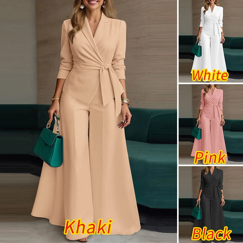 ZANZEA Elegant 2 Pieces Pant Sets Long Sleeve Belted Lightweight Blazer & Wide Leg Pant 2pcs Suits Office Lady Commuting Sets BAZAARHUBO