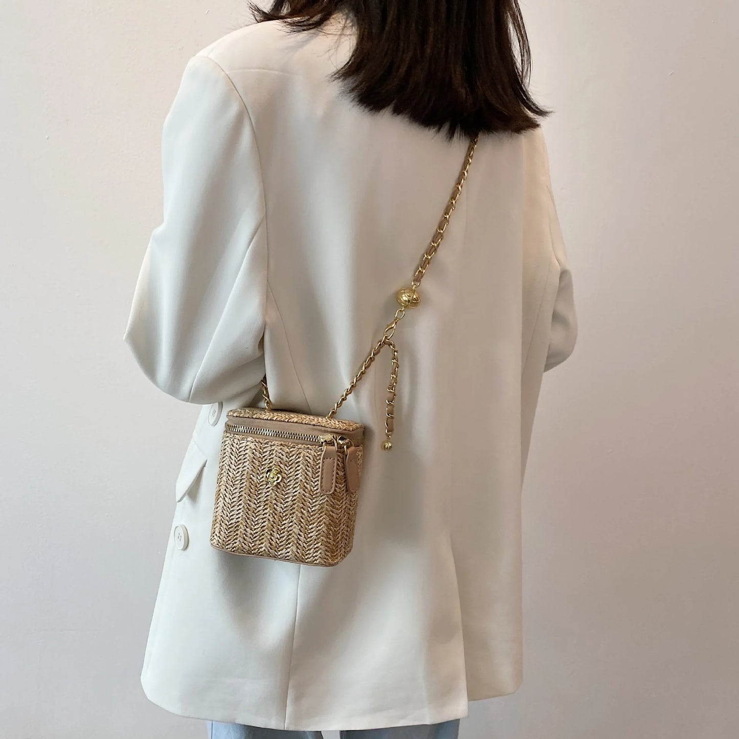 2023 Mini Straw Bucket Crossbody bag For Women Summer Weave Women's Brand Handbags And Purses Fashion Chain Simple Shoulder Bags