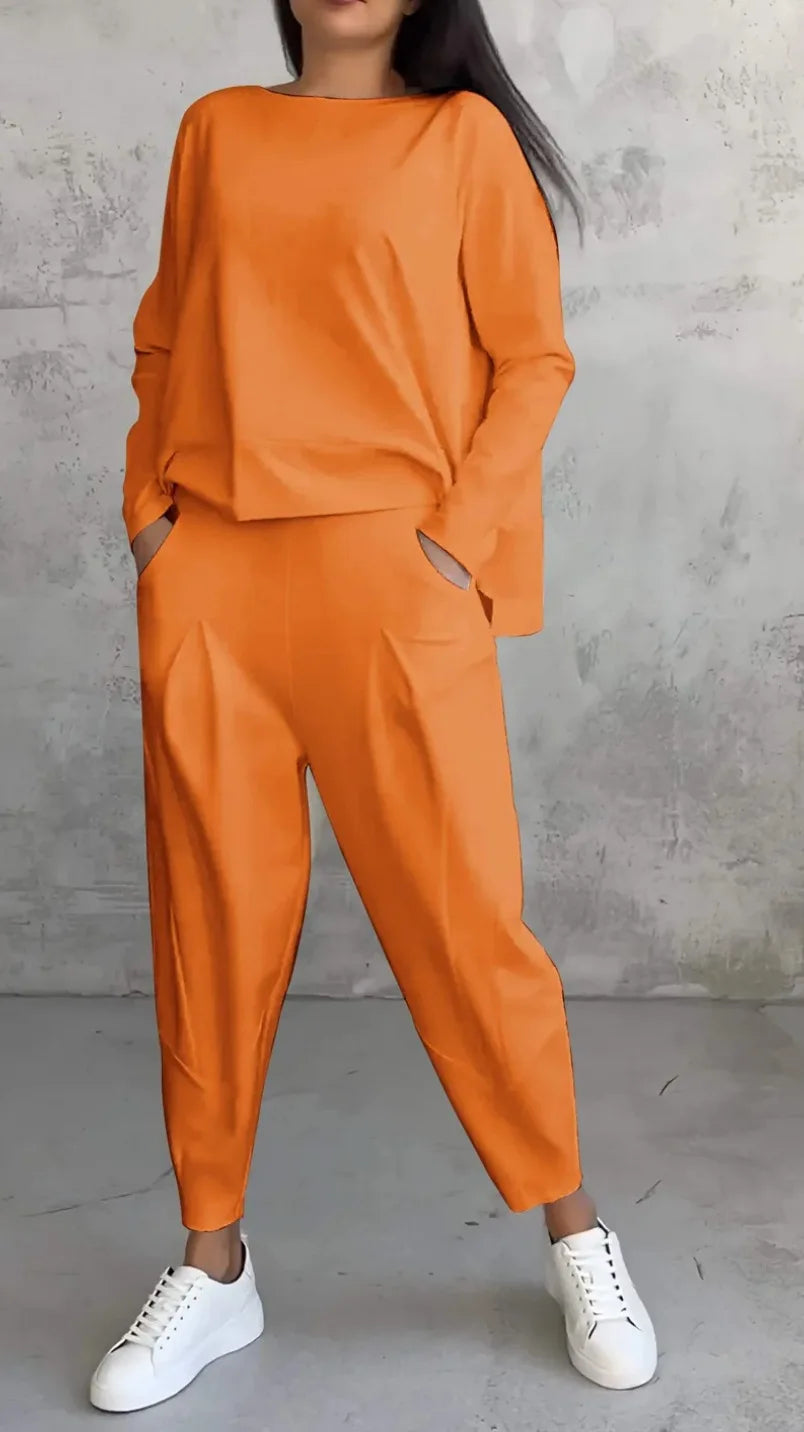 Tracksuits Women's Trousers Suit O-neck Long Sleeve Loose T-shirt Solid Color Trousers Pocket Simple 2-piece Set Loungewear