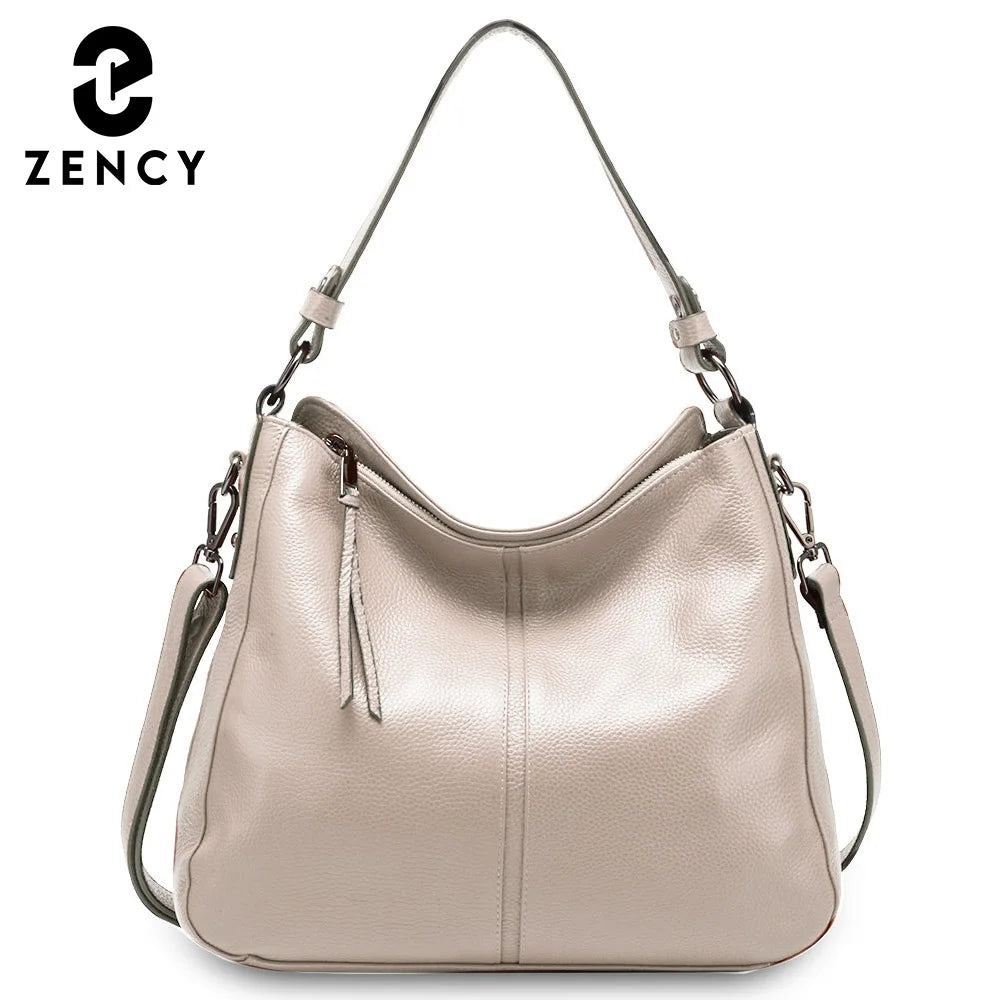 Zency 100% Genuine Leather Elegant Women Shoulder Bag Classic Black Hobos Roomy Casual Tote Handbag Crossbody Messenger Grey