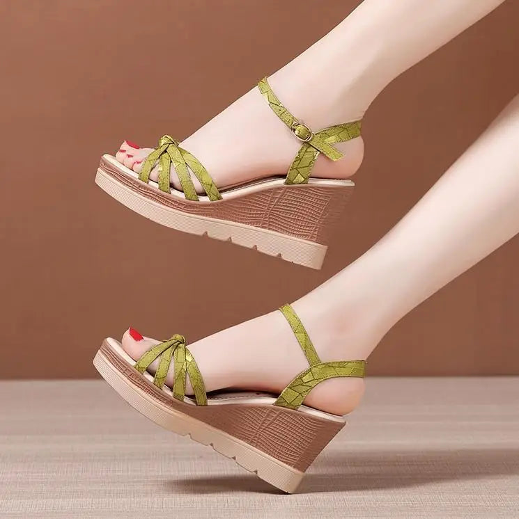 Hot Sale Thick Sole Leather Casual Platform Sandals Women Summer 2026 High Heels Wedges Shoes for Office Beach Mother