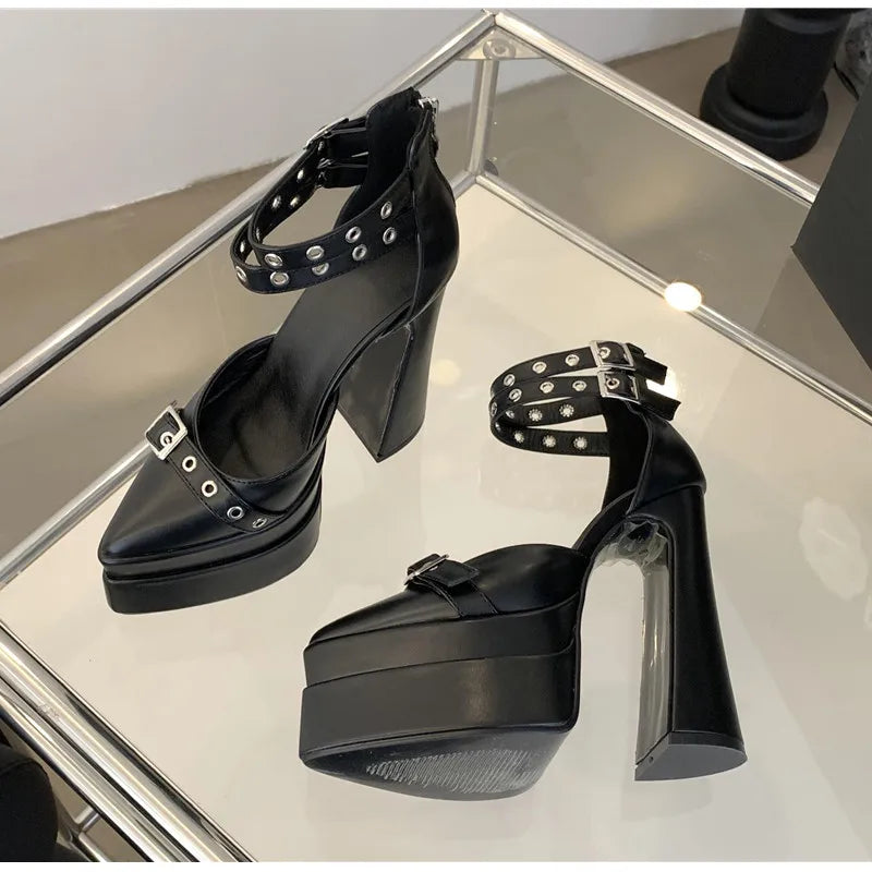 Runway style 15cm Ultra High heels Platform Wedges Women Pumps Fashion Rivet Ankle Strap Thick Heeled Spring Summer Chunky Shoes