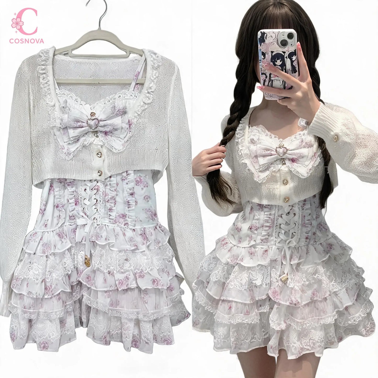 Japanese Sweet Lolita lace floral 2-piece set with white cardigan and ruffled dress; Cosnova logo visible.