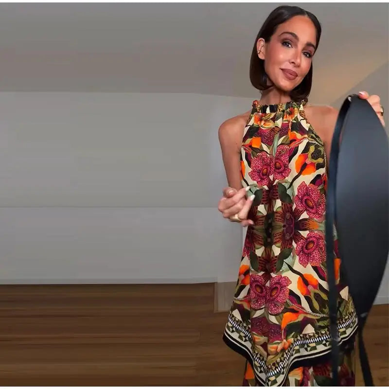 Halter Neck Floral Print Split Set Sleeveless Casual Top Tropical Wrap Slit Maxi Skirt 2026 Summer Bohemian Holiday Women Outfit
