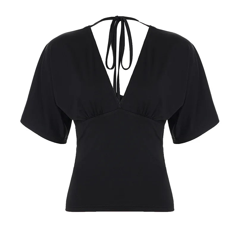 Women's Lace Patchwork Deep V Neck Tie Up Slim Fit Half Sleeve T-Shirt Crop Top