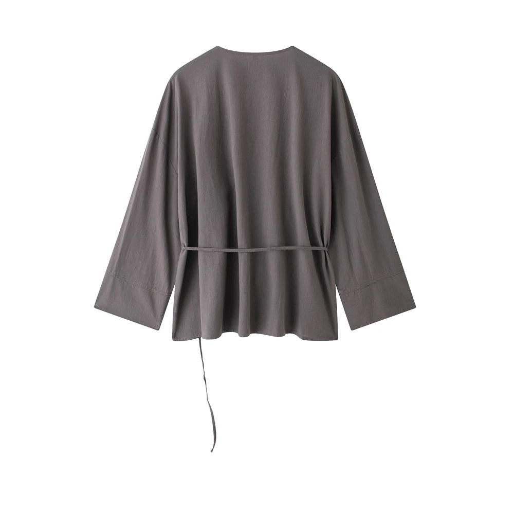 Women Fashion With Tied Loose Kimono Blouses And High Elastic Waist Side Pockets Pants Female Two Piece Sets Mujer BAZAARHUBO