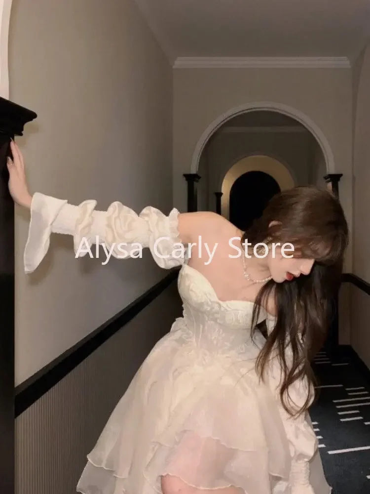 Elegant Ruffles Chic Fairy Dress Women White Sweet Korean Style Princess Dress Female 2023 Summer Slash Neck Casual Party Dress