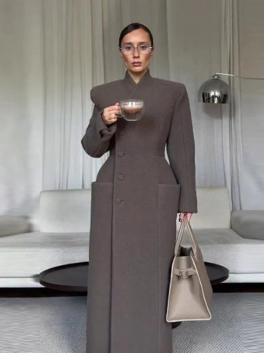 Elegant Long Coat Women V-neck Solid Slim Single-breasted Waist-closed Jackets Lady 2026 Spring Chic Female Streetwear