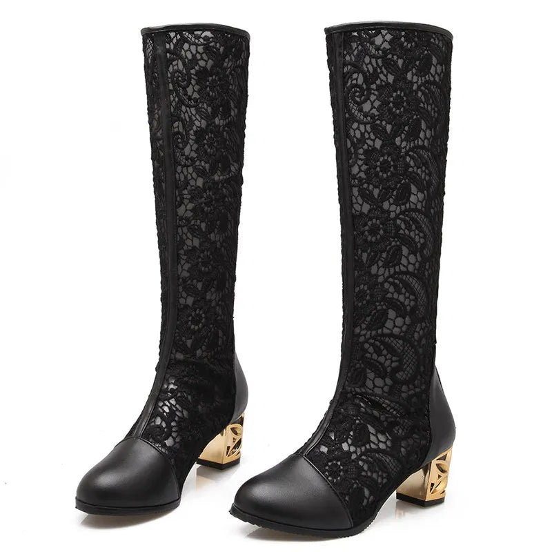 ORCHA LISA Spring Summer Boots Shoes Women Med Heels Knee Flower Lace Female Zipper Glitter Sexy White BiG Size 43 44 45