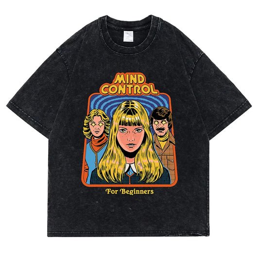 Mind Control For Beginners Washed Retro Men T Shirt Casual Oversize T-Shirt High Quality Cotton T-Shirt Summer Short Sleeve