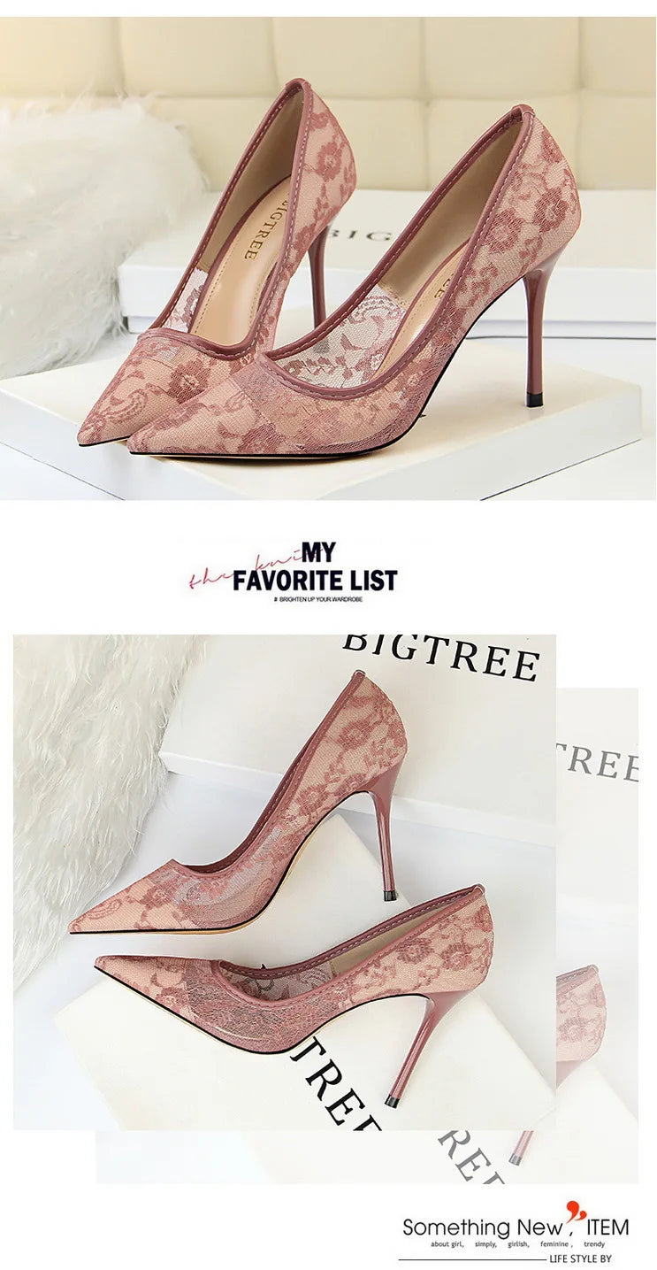 Women Fashion Sexy Pumps High Heels Shoes Female Sexy Wedding Shoes Ladies Stiletto Women New Pointed Toe Mesh Hollow Lace Heels