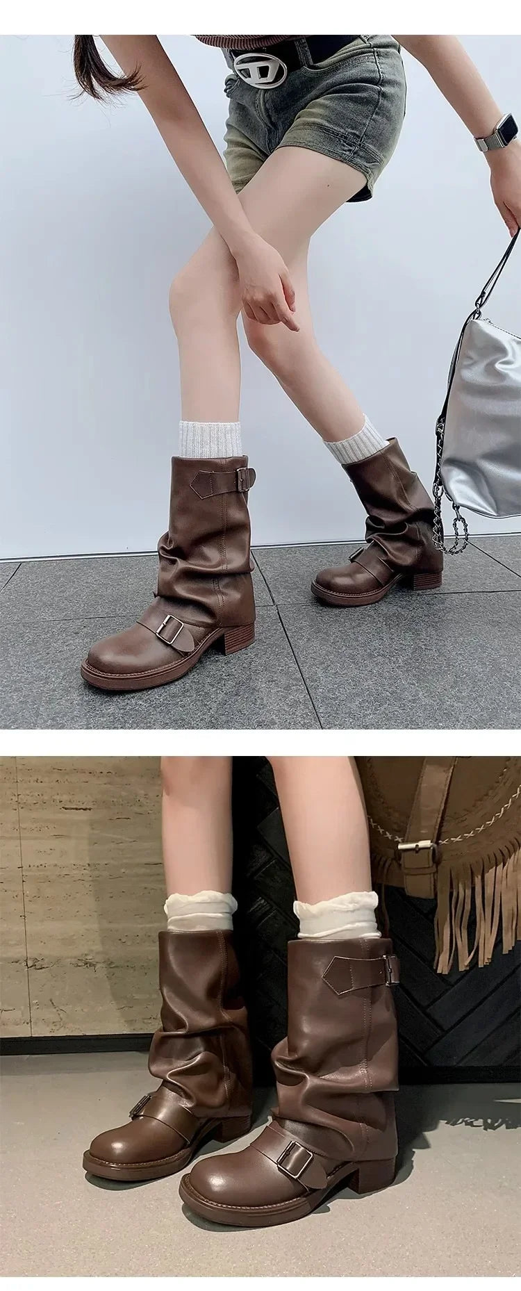 Pleated Buckle Knight Boots for Women Autumn Brown PU Leather Mid Calf Boots Woman Slip-On Thick Heel Riding 2024