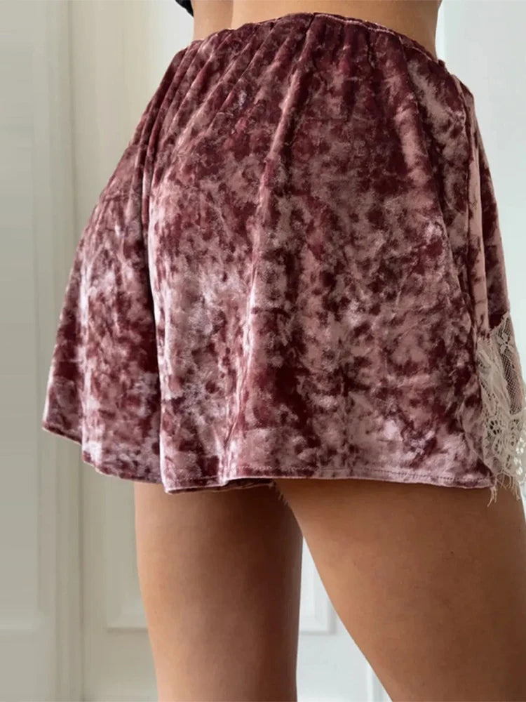 Green Velvet Lace Trim Shorts Women's Casual High-waist Straight Short Pants 2026 New Ladies Summer Vacation Beach Outfit