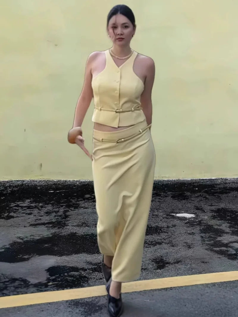 Women Fashion Suit Yellow V-Neck Sleeveless Belt Sngle Breasted Tops+High Waist Pocket Belt Long Skirts Female Summer Set JHX6