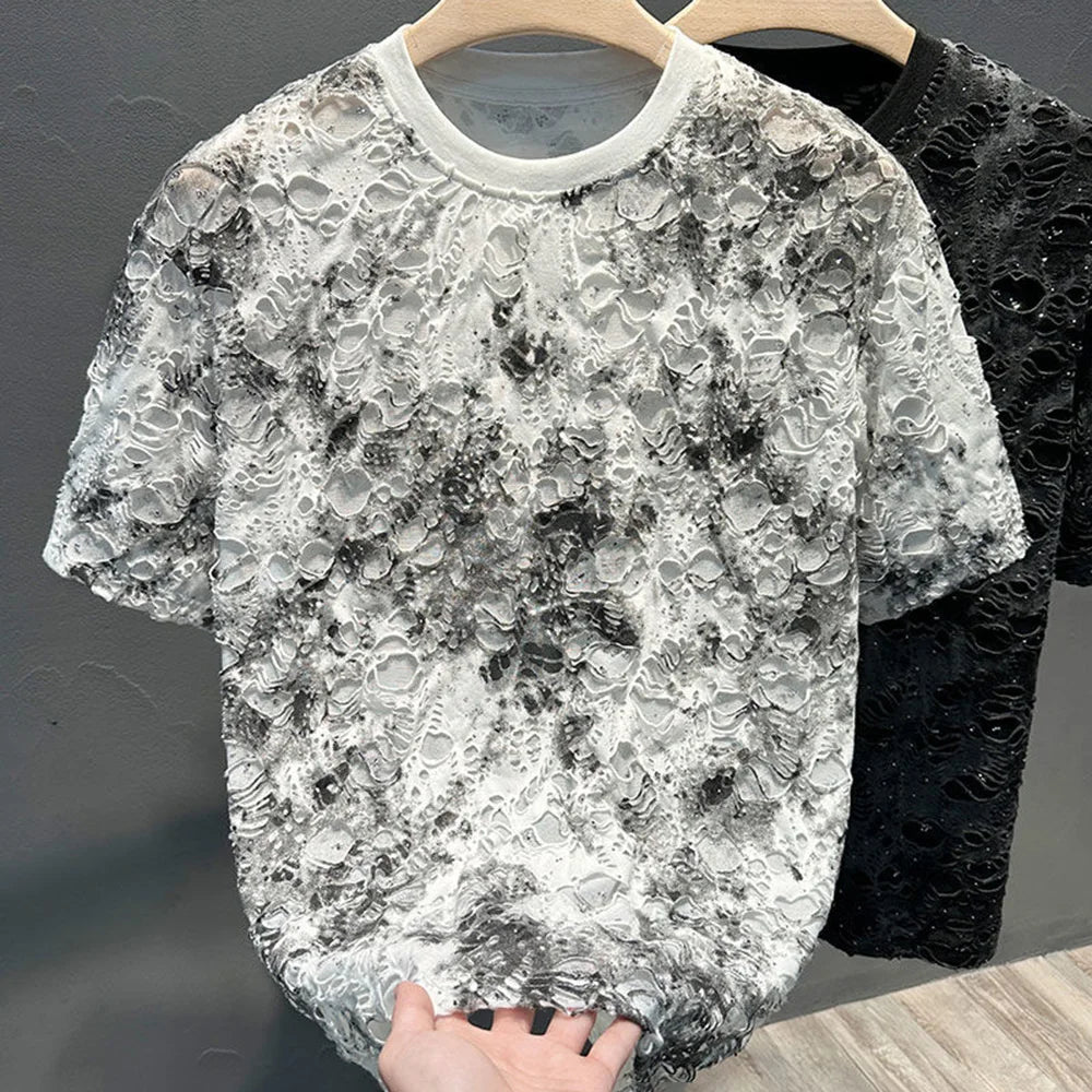 Mens T-Shirts Casual Tie-Dye Ripped T-Shirts Summer Niche Lightweight Unique Versatile Fashion Short Sleeve Tops Men'S Wear 2024