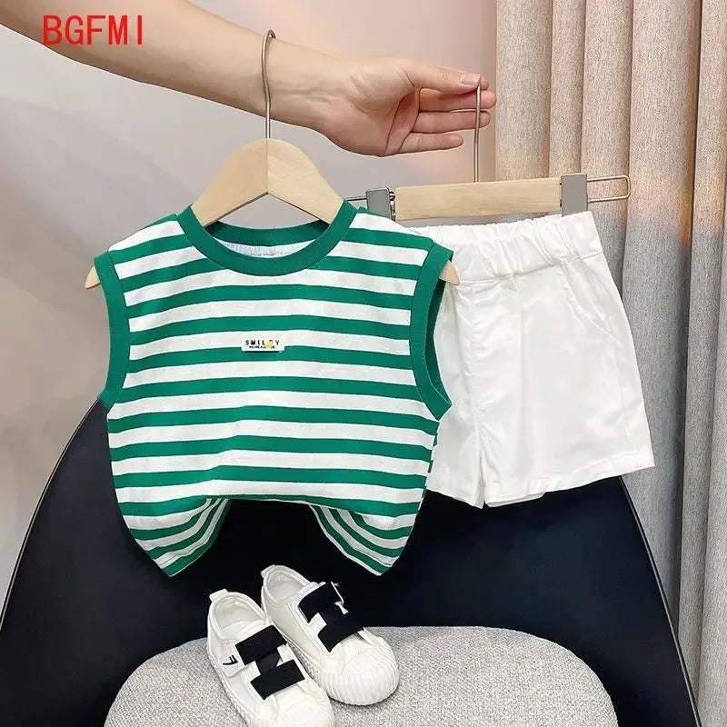 Boys' Striped Summer Casual Clothing Girl Children Handsome Boy Baby Sleeveless Vest and Shorts Set Kids Clothes Boys Outfits