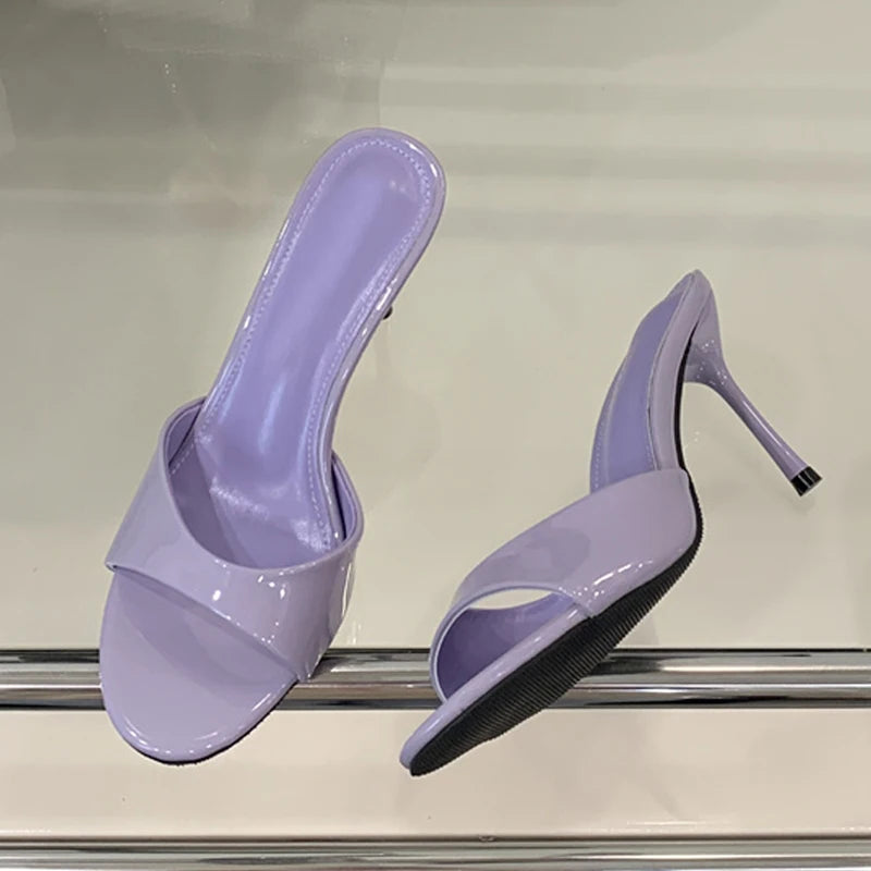 Liyke White Patent Leather Women Slippers Sandals Fashion Round Open Toe Thin High Heels Mules Slides Summer Party Dress Shoes