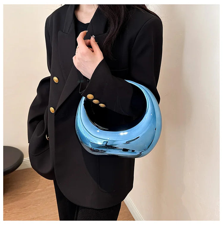 Hot Selling Creative Design Women's Top-Handle Bag PVC Metallic Luster Half Moon Banquet Women's Bag 2026 New Luxury Handbag