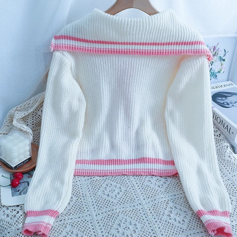 Knitted Spring Preppy Style Sailor Neck Women's Knitted Cardigan Elastic Wide Leg Pants Long Sleeve Korean Sportswear Set
