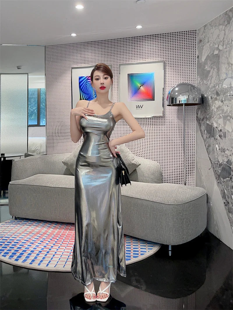Sexy Style Light Luxury Spicy Girl Liquid Bright Female Korean Indie Style Silver Dress Elegant Party Fashion TemperamentBMI6