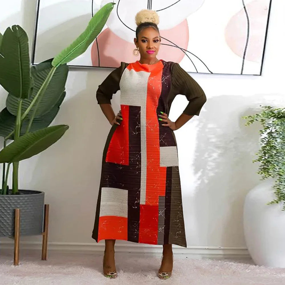 African Dresses for Women Summer Fashion Style African 3/4 Sleeve Polyester O-neck Pleated Dress Dashiki African Clothes Women