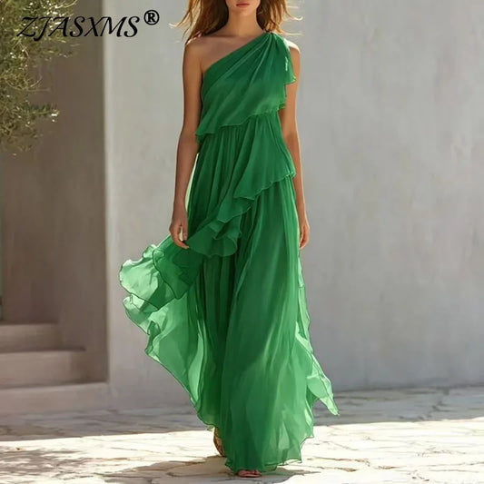 Womens One Shoulder Maxi Dress Tiered Ruffle Flowy Asymmetrical Formal Dress Elegant Evening Party Bridesmaid Wedding Prom Dress