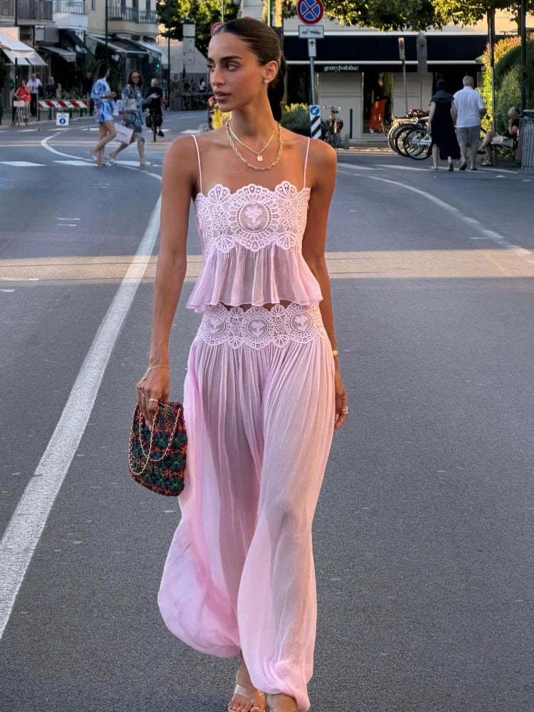 Sheer Layers Lace Stitching Solid Women's Suit Sling Mini Top High Waist Loose Long Skirt Fashion 2026 Summer New Beach Lady Set