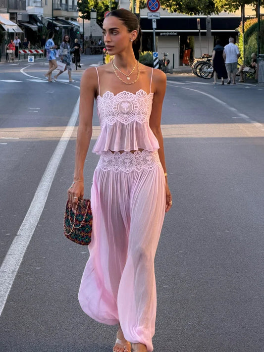 Sheer Layers Lace Stitching Solid Women's Suit Sling Mini Top High Waist Loose Long Skirt Fashion 2026 Summer New Beach Lady Set