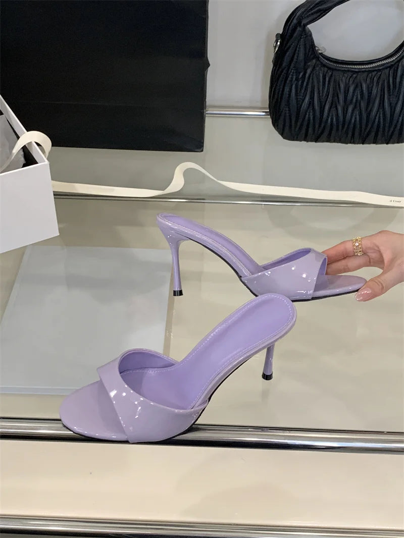 Liyke White Patent Leather Women Slippers Sandals Fashion Round Open Toe Thin High Heels Mules Slides Summer Party Dress Shoes