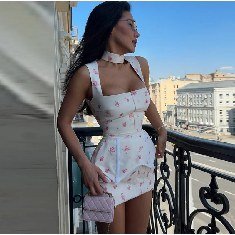 Sexy Printed Sling Waistband Dress Women Urban Sleeveless Square Collar Closed Waist Mini Dress Female 2026 Summer Lady Robes