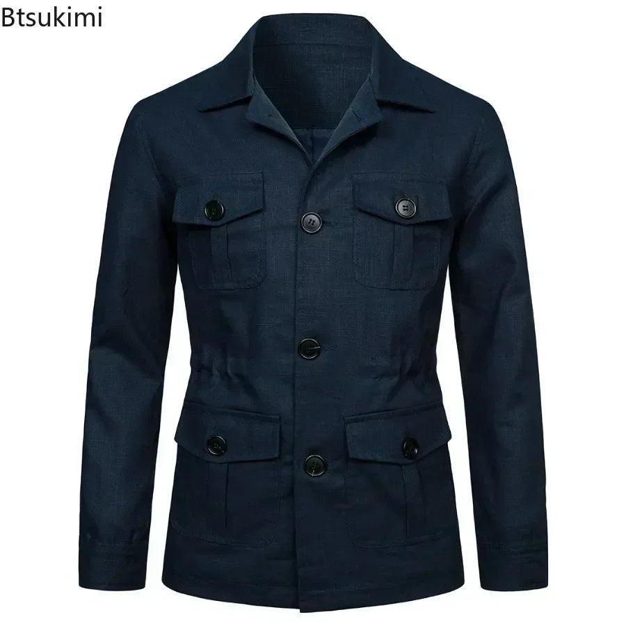2026 British Style Men's Linen Safari Jackets Fashion Vintage Multi Pockets Cargo Jacket Streetwear Gentry Casual Outerwear Male